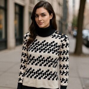 Vintage Christina Houndstooth Sweater Turtleneck Gold‎ Button Detail XL
